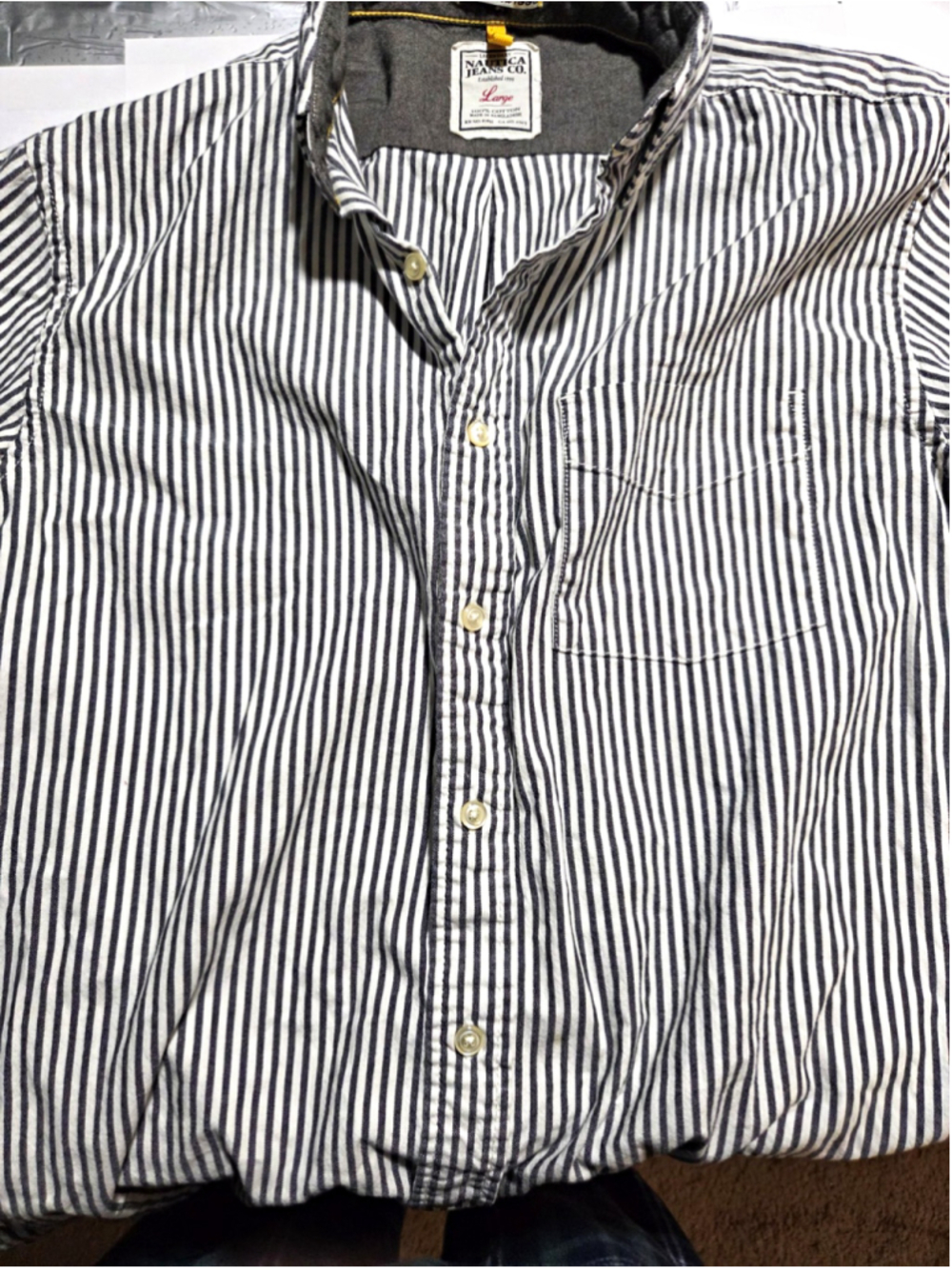 Nautica Jeans Co Short Sleeve Button Down Shirt Large Blue White Striped NJC 99